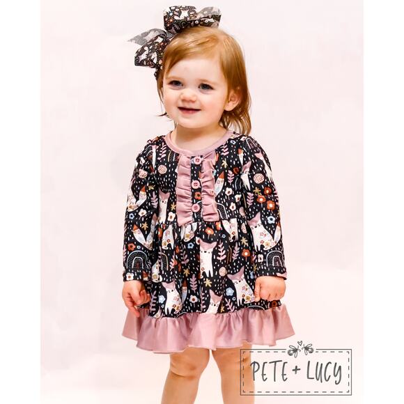 PETE + LUCY Black Pink Fox in Nature Ruffle Dress Floral Woodland Animals NEW 5 - Picture 2 of 4